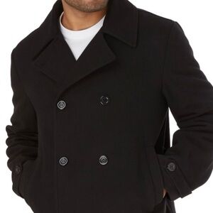H&M Men’s Black Double Breasted Mid Weight Pea Coat Jacket Sz 44R